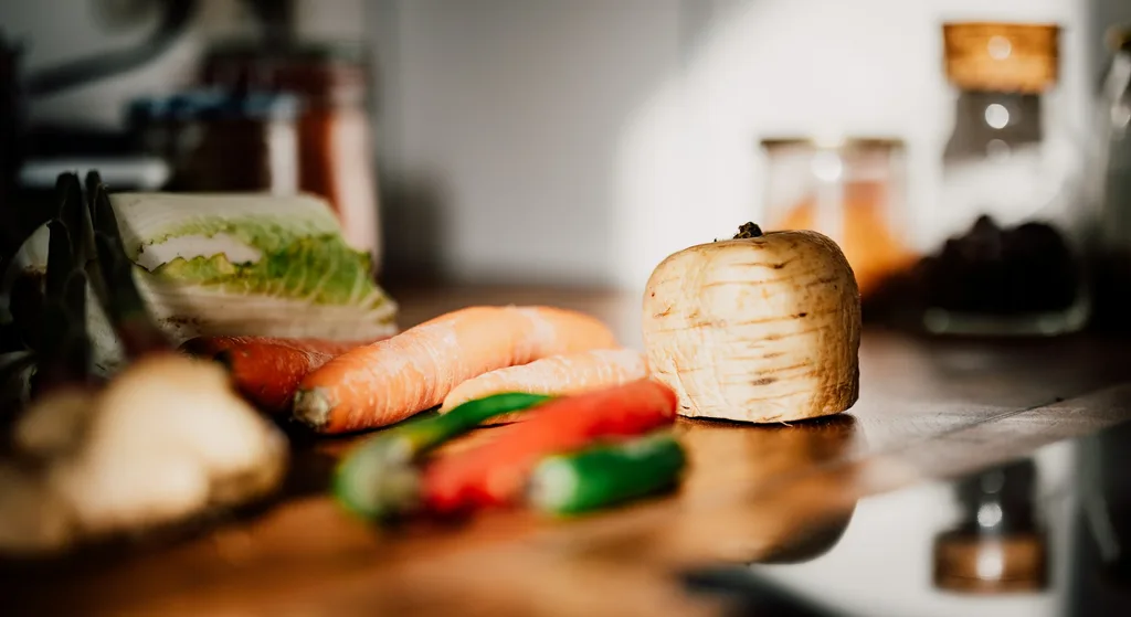 Fresh vegetables including carrots, chillies and a wedge of cabbage arranged on a kitchen counter